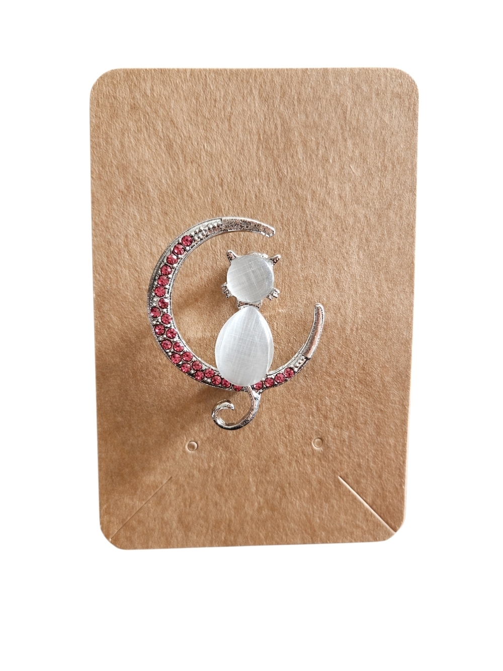 Silver Cat on Crescent Brooch with Pink Crystals